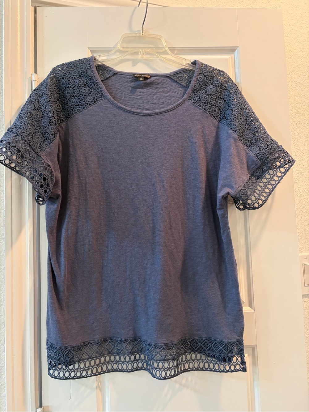 Hannah Blue Short Sleeve Top with Crochet Lace Trim